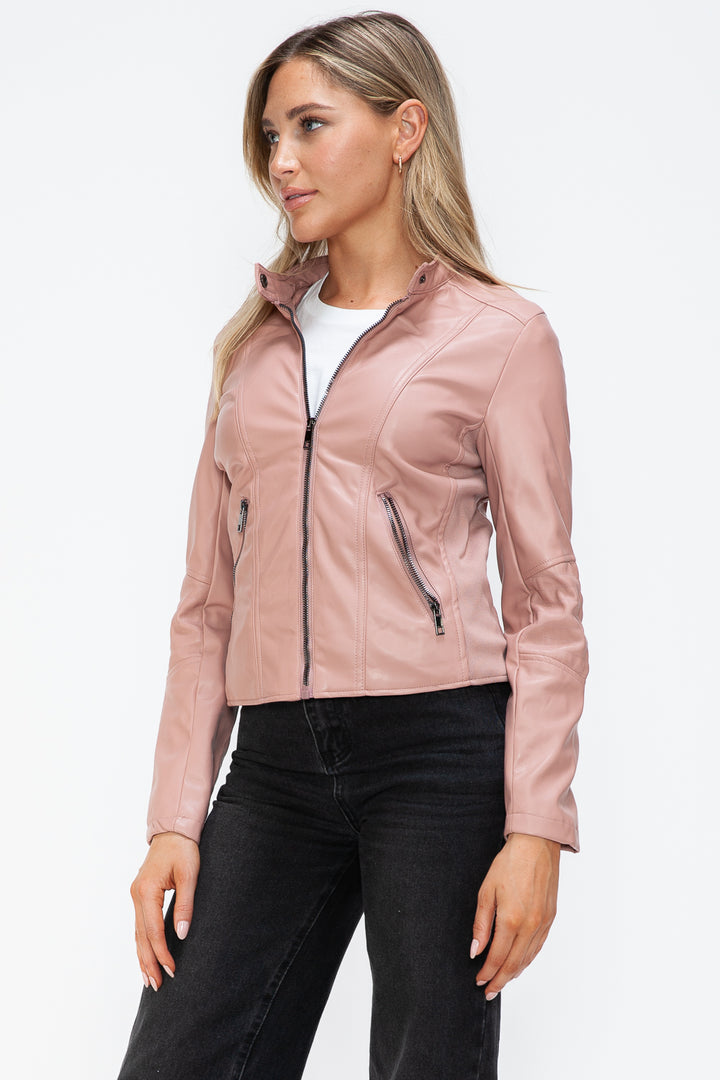 Snobbish Faux Leather Zip Up Drawstring Hooded Jacket 4