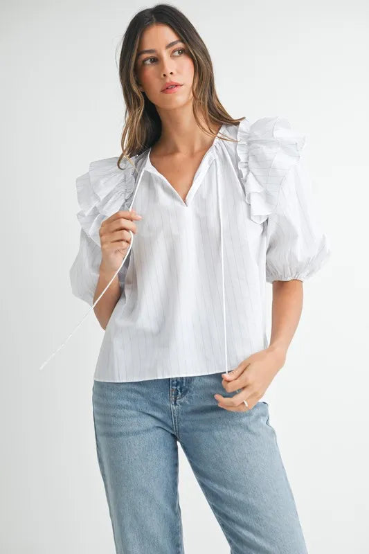 Off White Mable Stripe Ruffle Shoulder Puff Sleeve Blouse