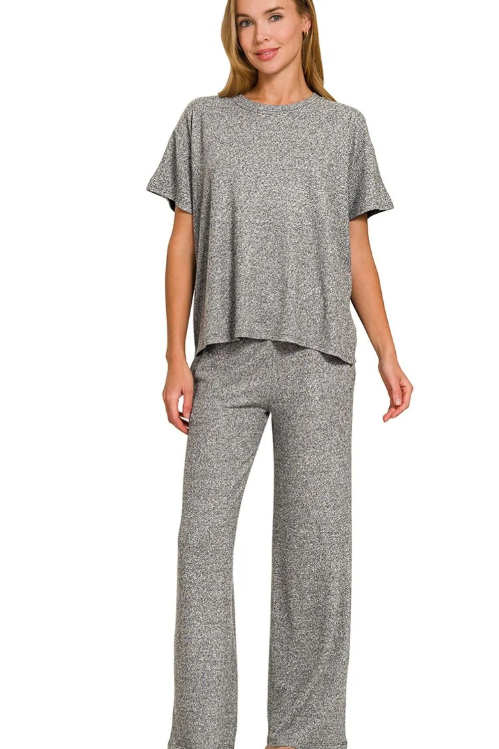 Gray Zenana Soft Melange Short Sleeve Tee Long Pants Set