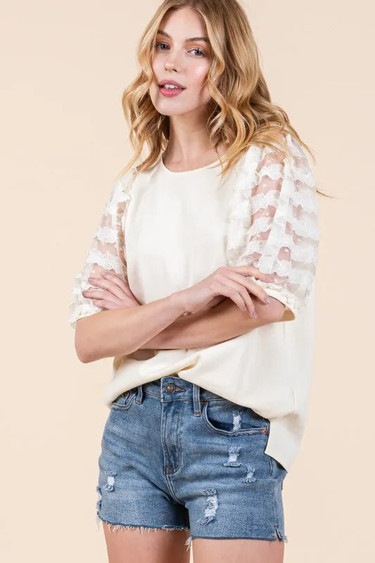Cream Lime N Chili Full Size Lace Puff Sleeve Round Neck Top Plus Size