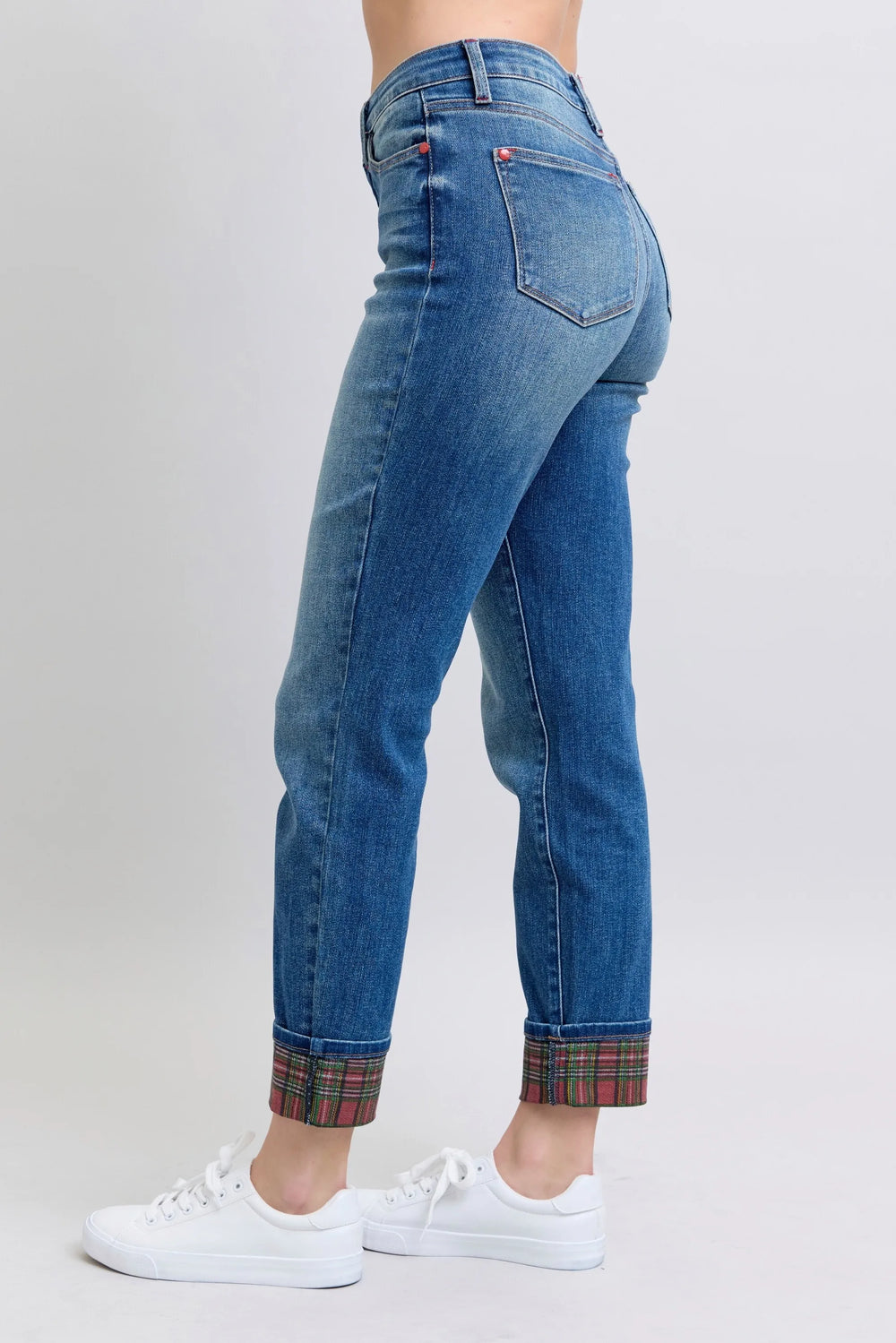 Medium Judy Blue Full Size Mr Plaid Print Cuff Bf Jeans Plus Size