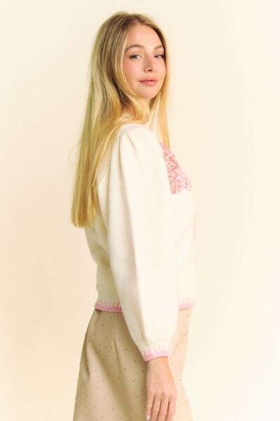 Ivory Davi Dani Flower Patch Fuzzy Mock Neck Sweater