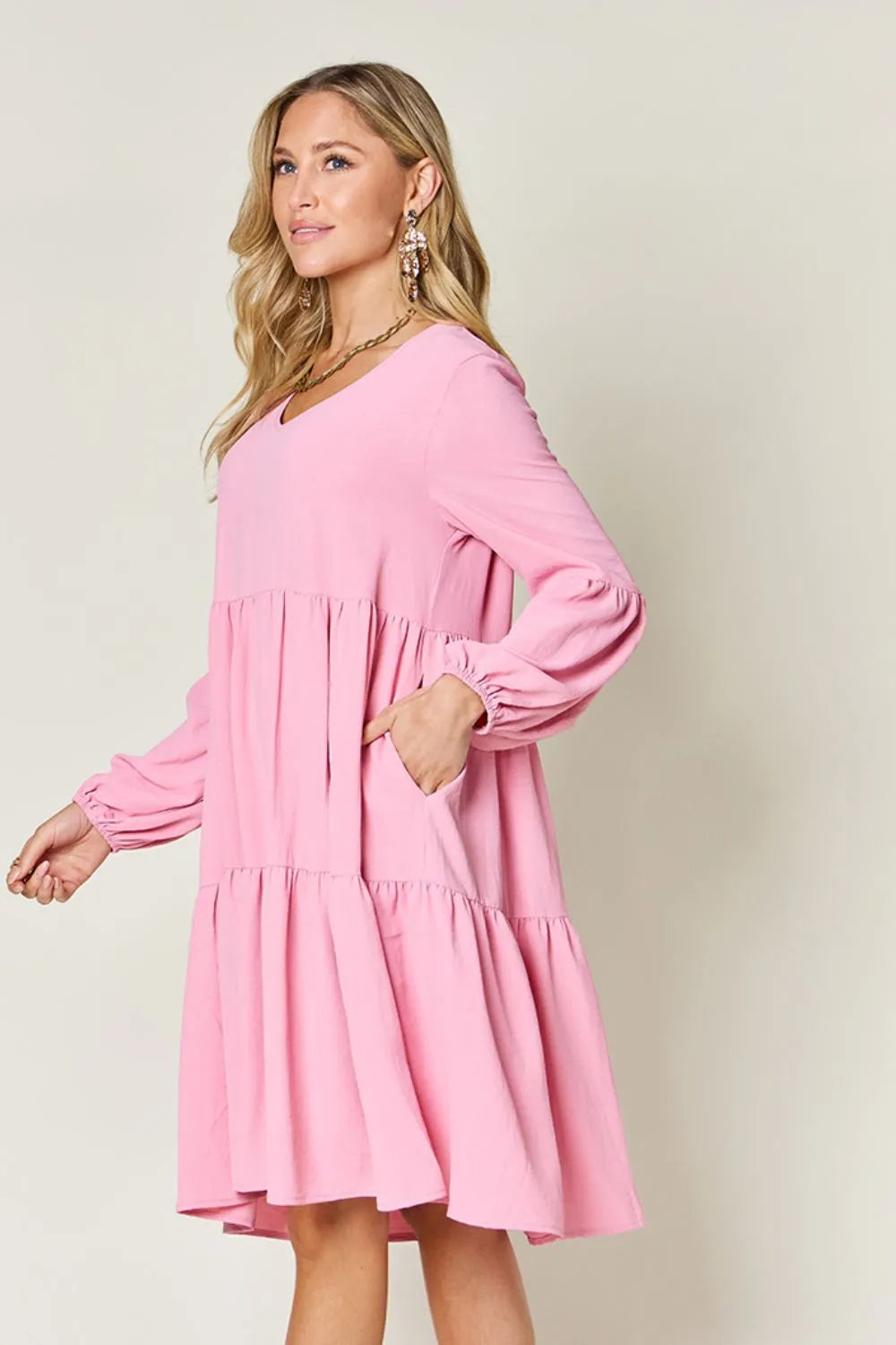 Pink Double Take Full Size V Neck Balloon Sleeve Tiered Dress With Pockets