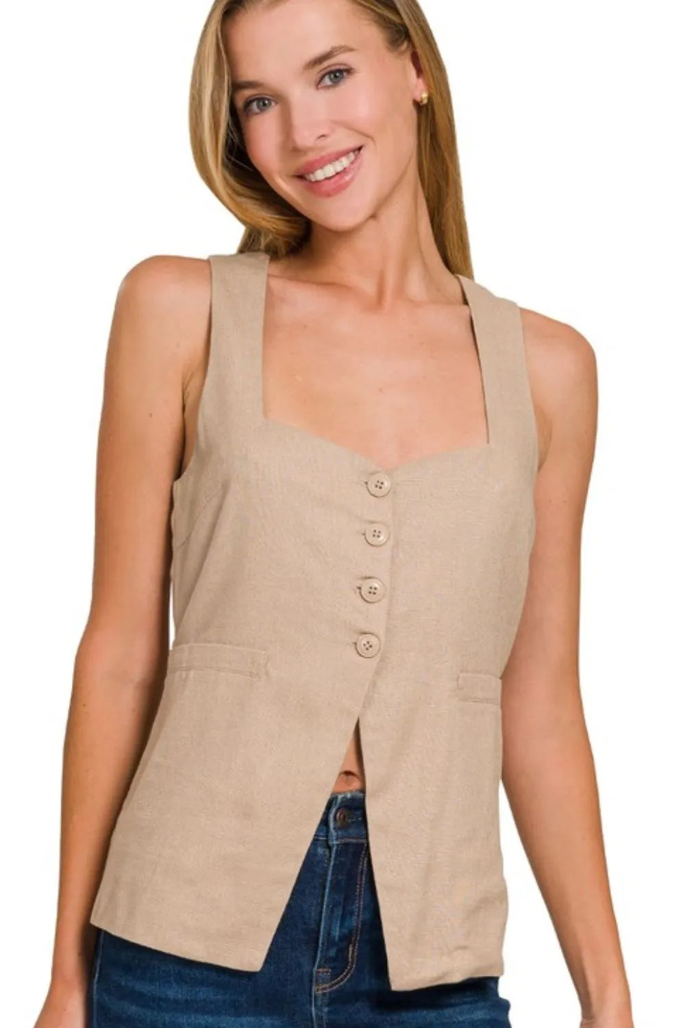 Lt Mocha Zenana Linen Tie Back 4 Button Vest With Lining 1