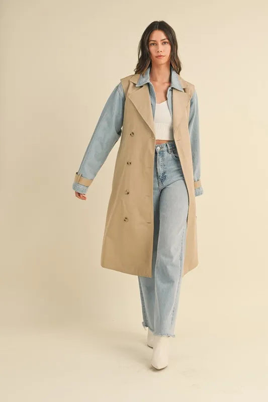 Mable Layered Look Trench Coat With Denim Jacket