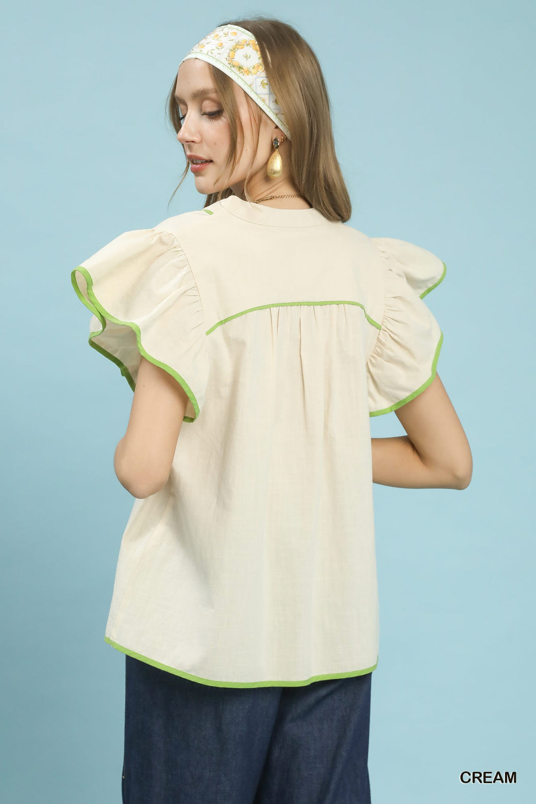Cream Umgee Contrast Trim Babydoll Blouse