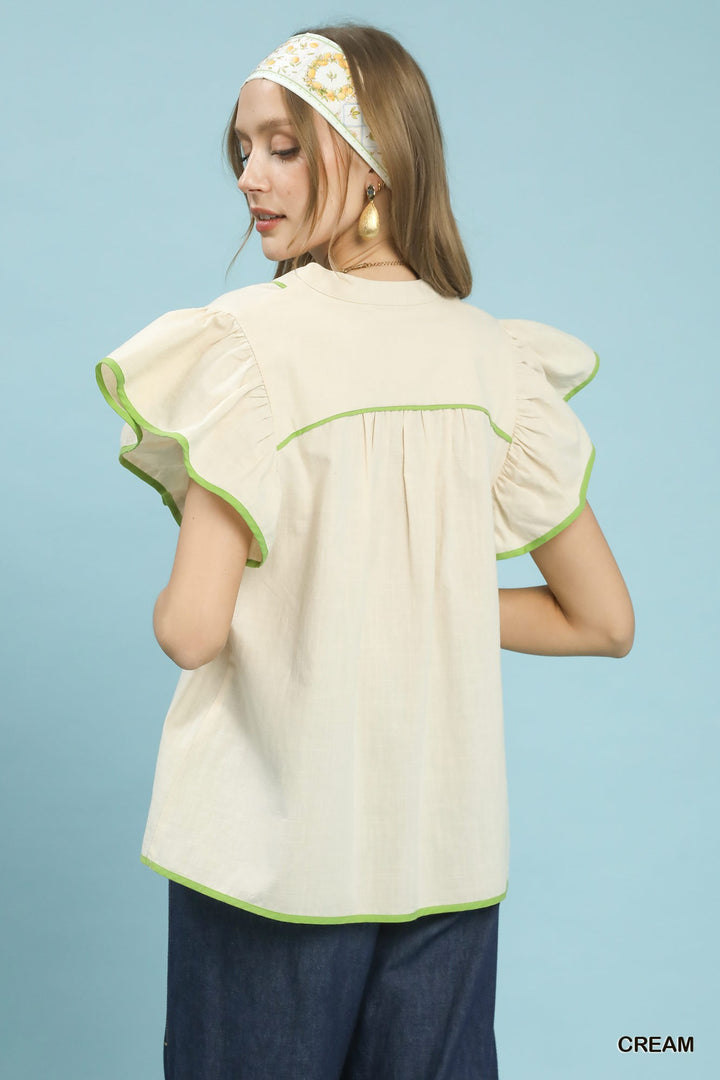 Cream Umgee Contrast Trim Babydoll Blouse