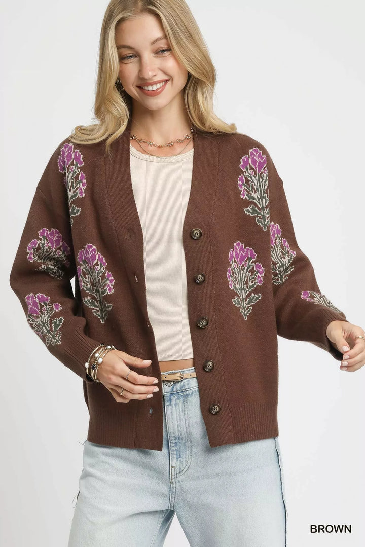 Brown Umgee Single Flower Stem Jacquard Cardigan Sweater