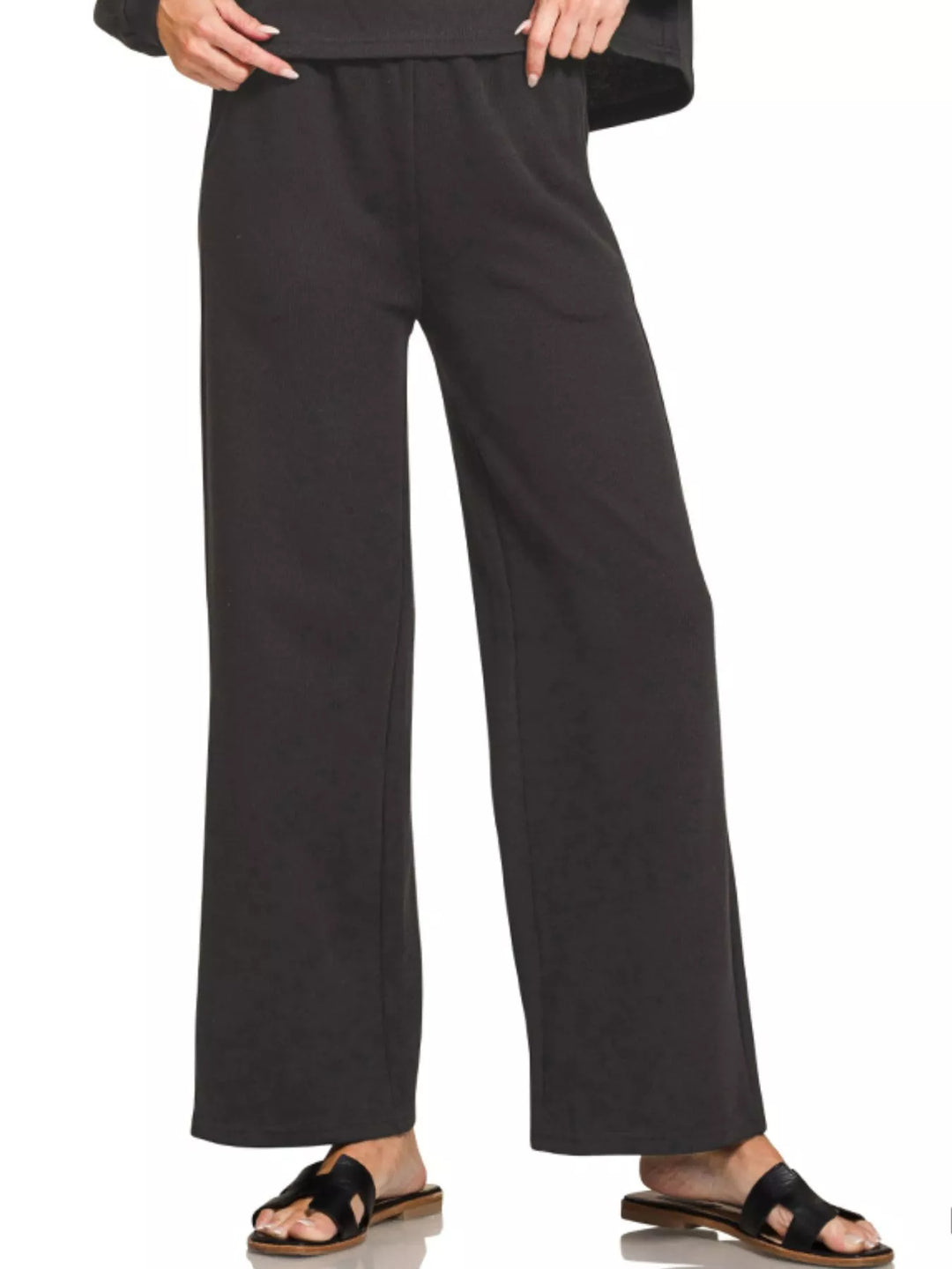 Black Zenana French Rib Pullover And Pants Set 3