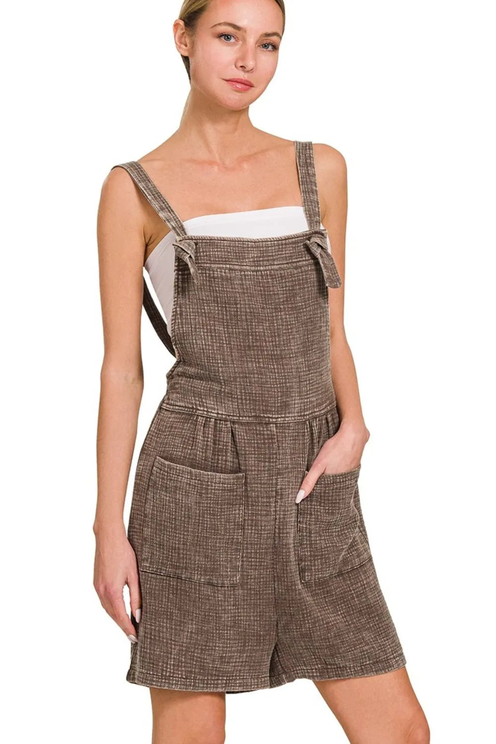 Brown Zenana Woven Double Gauze Acid Washed Romper