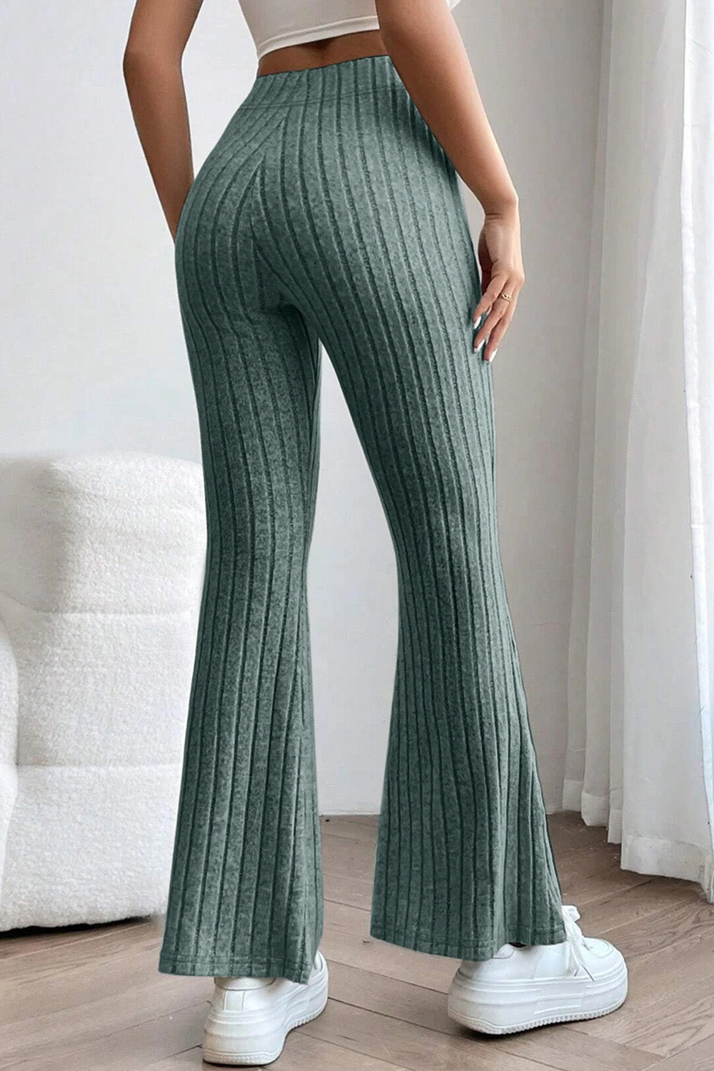 Light Gray Basic Bae Full Size Ribbed High Waist Flare Pants