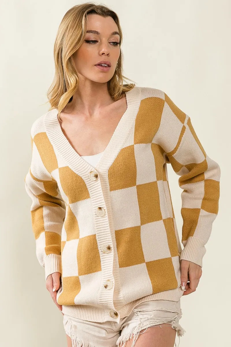 Bibi Checked V Neck Cardigan