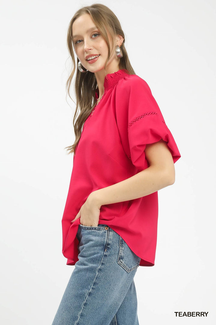 Teaberry Umgee Lace Trim Peasant Top