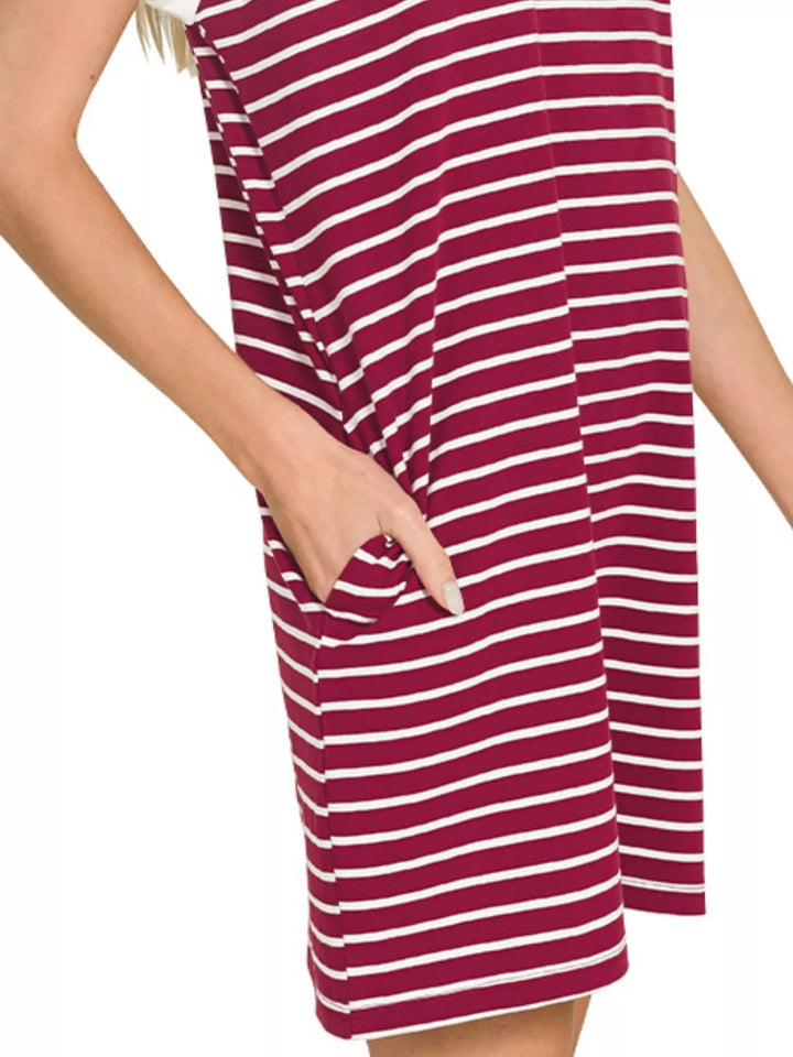 Cabernet Zenana Contrast Trim Striped T Shirts Dress