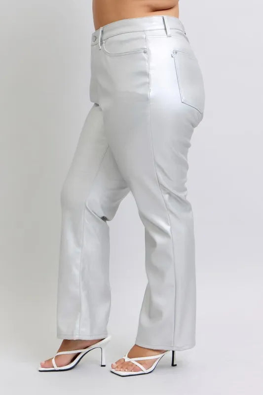 Metallic Silver Judy Blue Full Size High Waist Silver Faux Leather Pants Plus Size