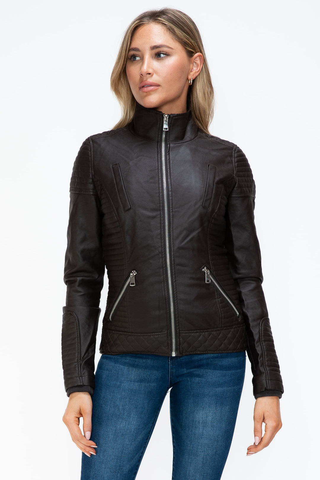 Ymi Faux Layered Double Zipper Jacket With Fuzzy Hood