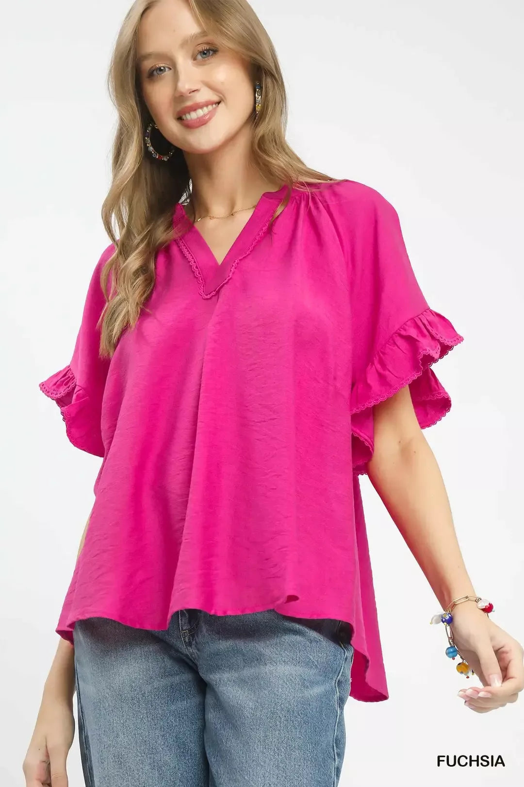 Fuchsia Umgee Ruffle Sleeve V Neck Flutter Blouse