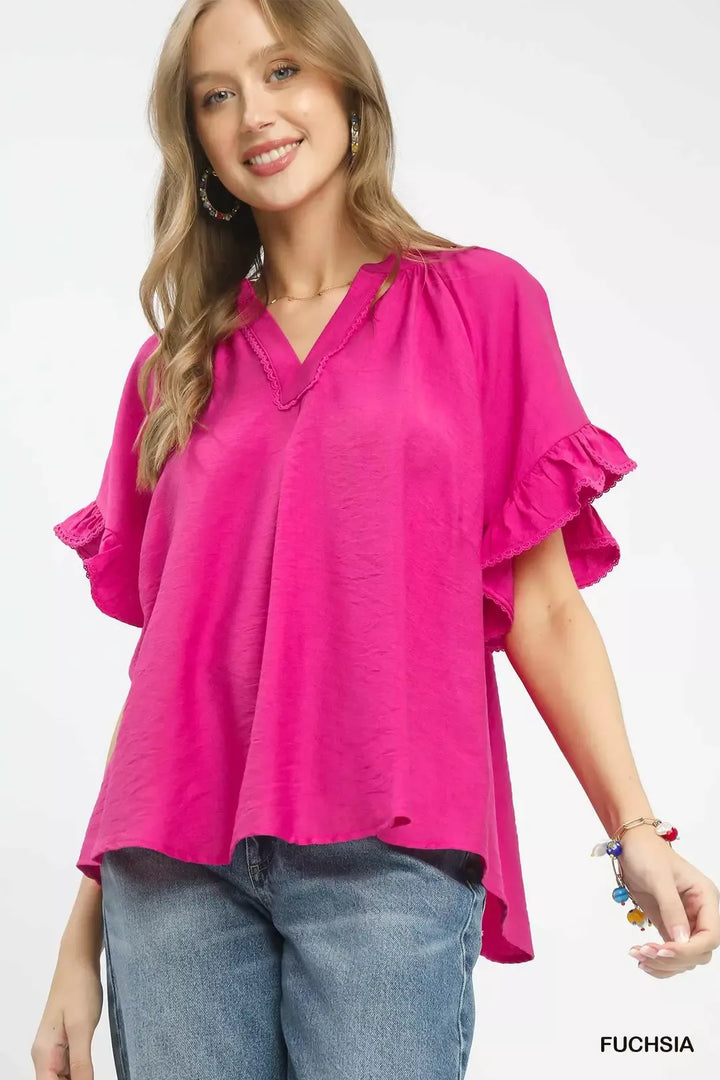 Fuchsia Umgee Ruffle Sleeve V Neck Flutter Blouse