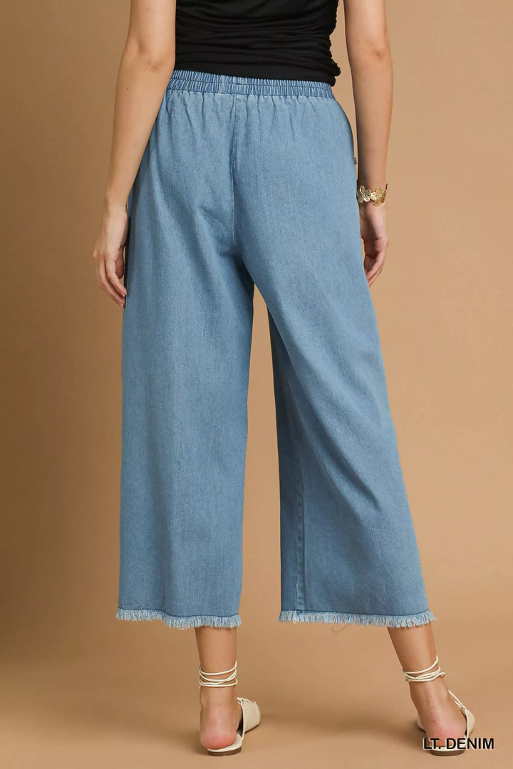 Lt. Denim Umgee Washed Fringe Hem Wide Leg Jeans