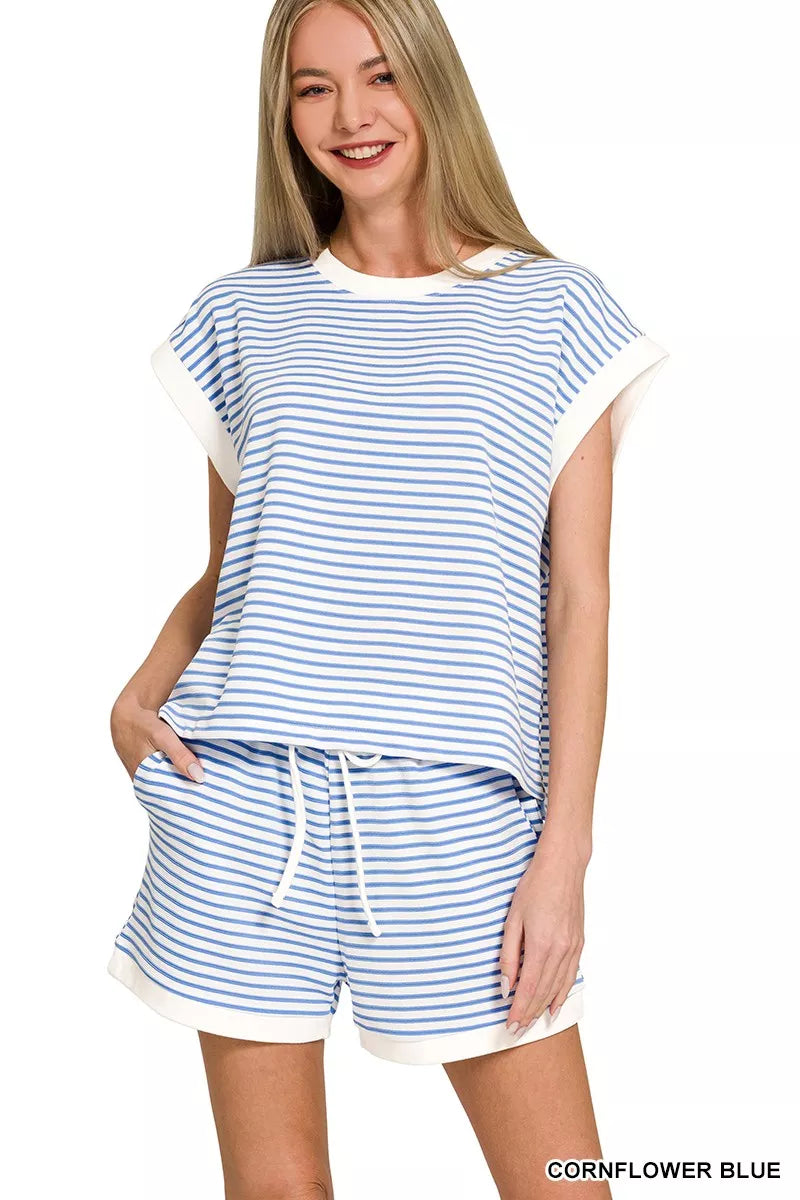 Cornflower Blue Zenana Stripe Contrast Trim Top Shorts Set 2