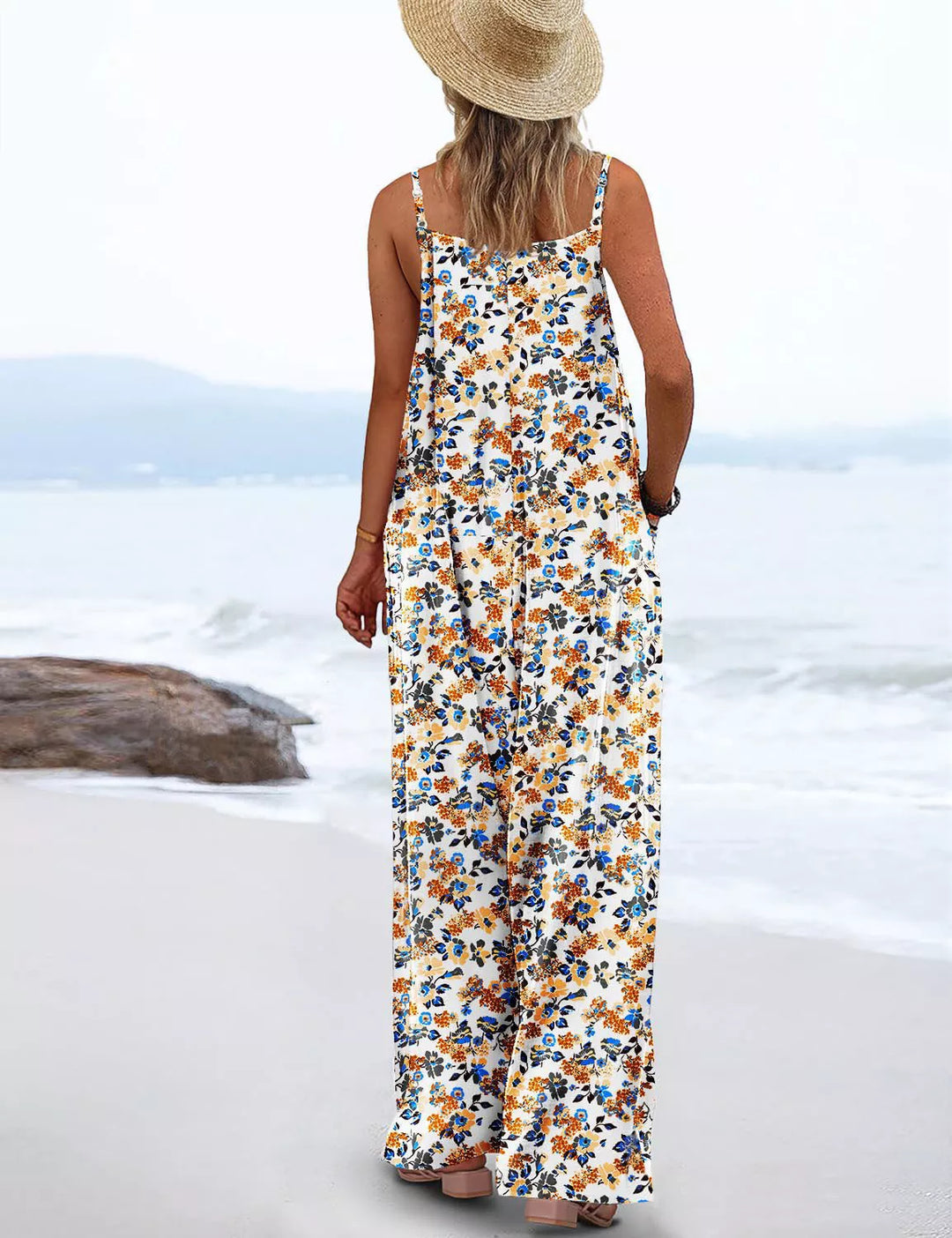 Yellow Full Size Floral Print Wide Leg Casual Jumpsuit Plus Size