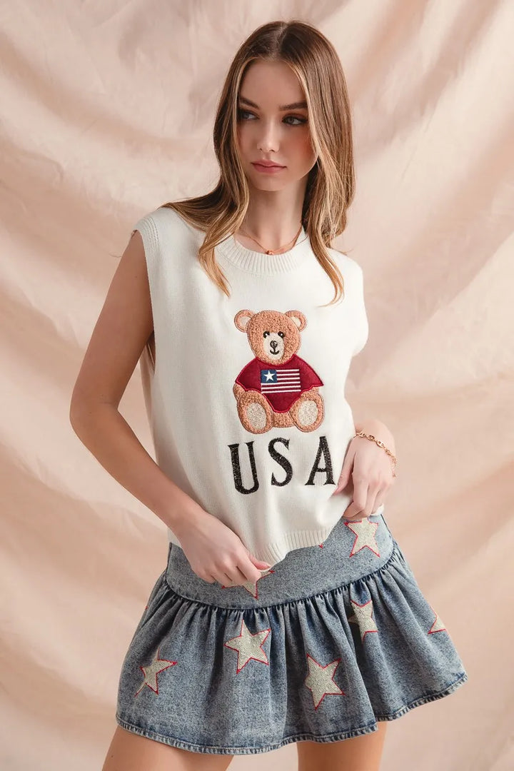 Ivory So Me Teddy Bear Wearing An American Flag With Usa Embroidered Sweater Vest
