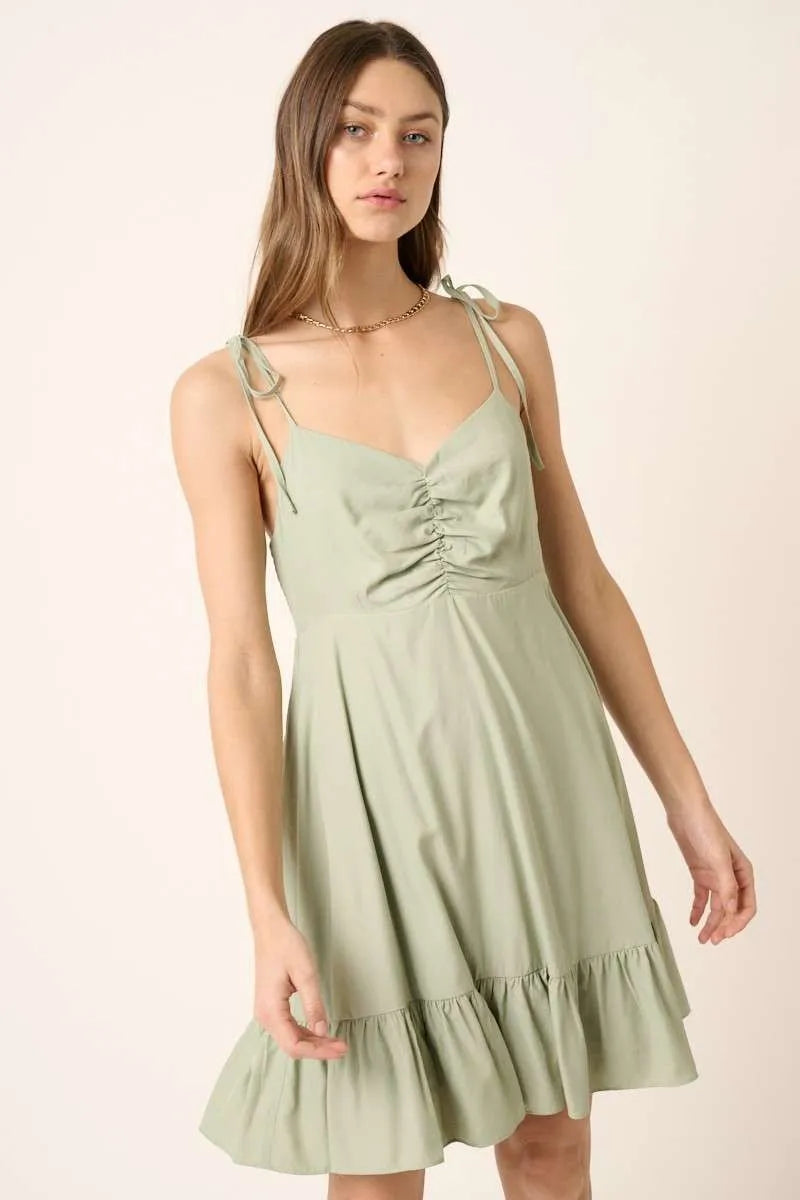 Sage Mittoshop Ruched Detail Spaghetti Tie Mini Dress 2