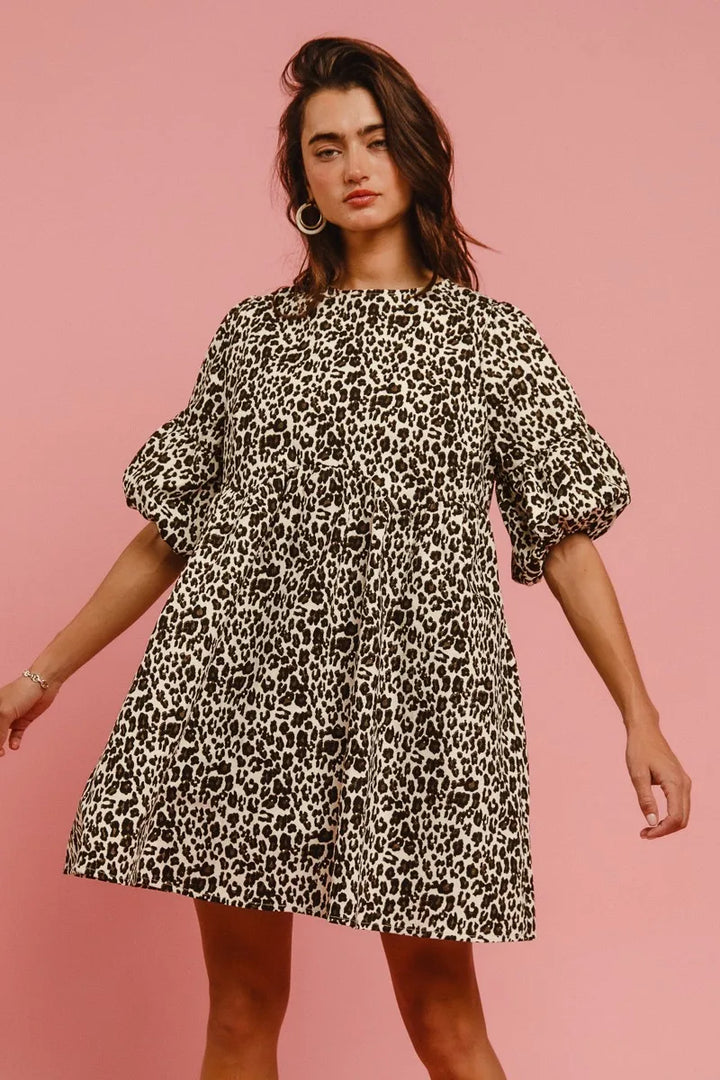 Off White Leopard Bibi Leopard Denim Dress With Back Contrast Tie Detail