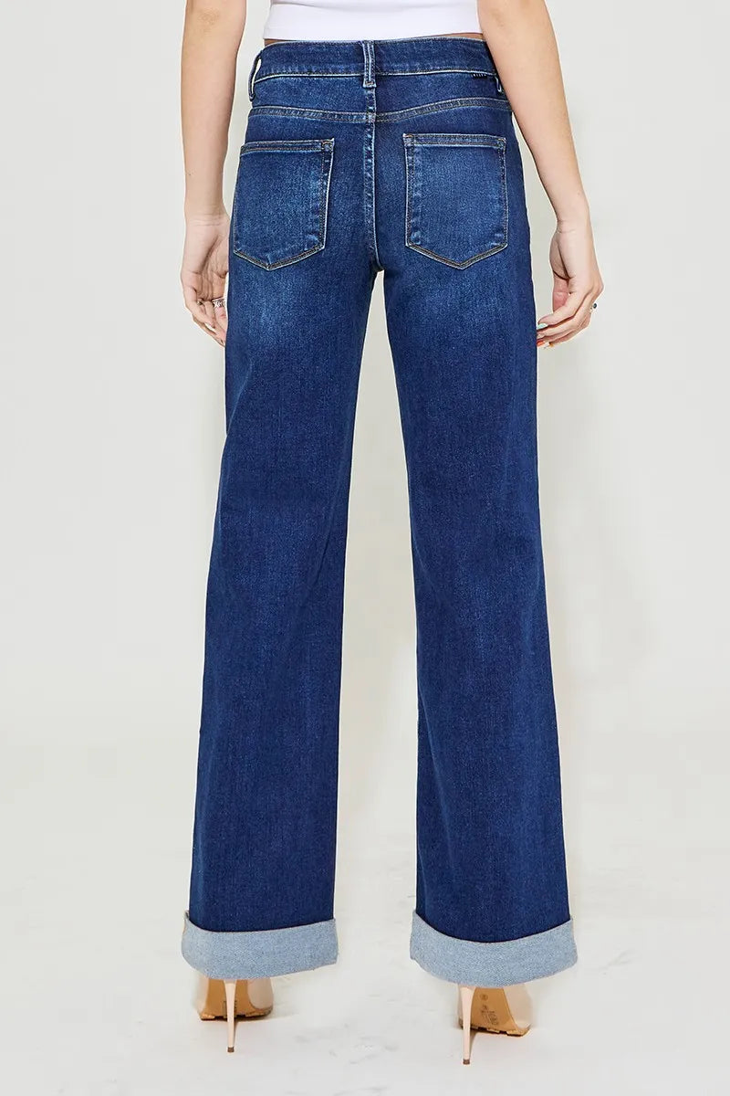 Dark Risen Full Size Tummy Control High Rise Wide Leg Cuffed Jeans Plus Size