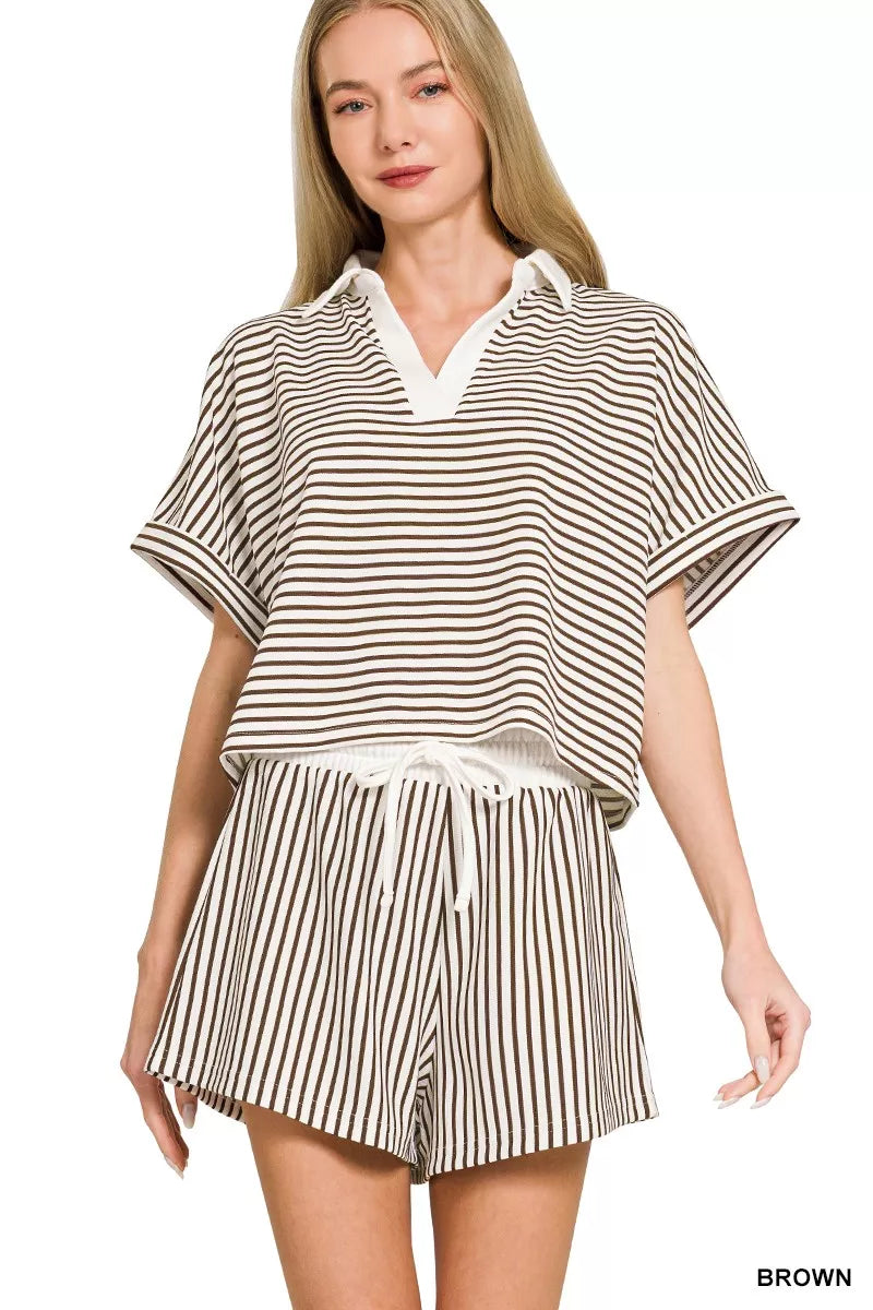 Brown Zenana Striped Collared Top Shorts Set