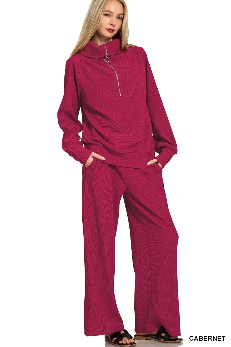 Cabernet Zenana Ribbed High Neck Half Zip Pullover Pants Set 3