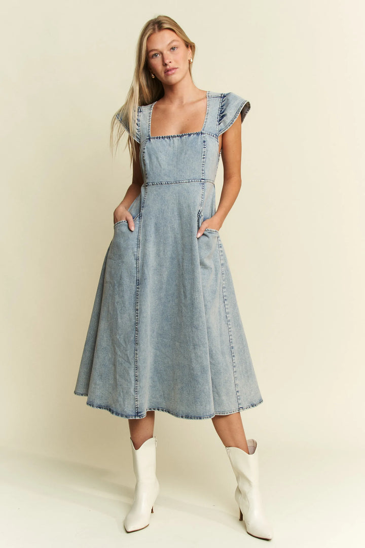 Denim Blue Jade By Jane Full Size Ruffled Denim Midi Dress Plus Size