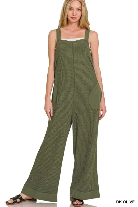 Dk Olive Zenana Knit Waffle Wide Leg Overalls 4