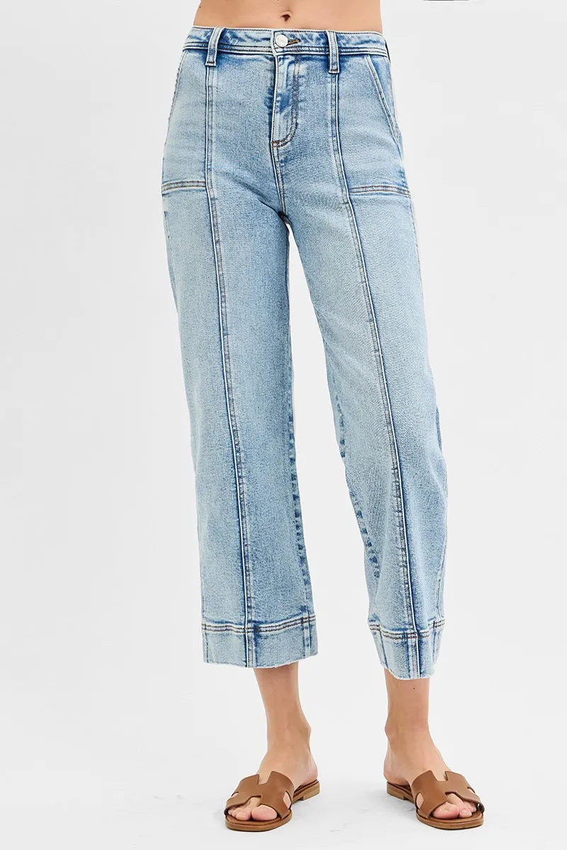 Light Risen Full Size High Rise Crop Wide Front Seam Detailed Jeans Plus Size