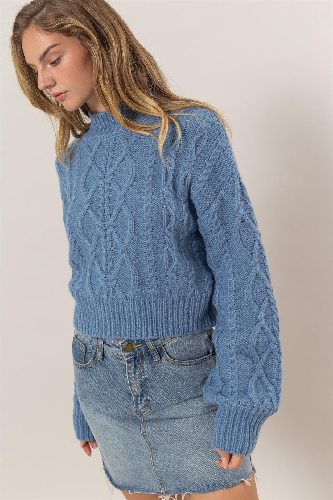 Gray Blue Hyfve Cable Knit Mock Neck Dropped Shoulder Sweater
