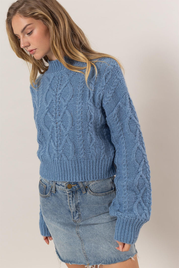 Gray Blue Hyfve Cable Knit Mock Neck Dropped Shoulder Sweater