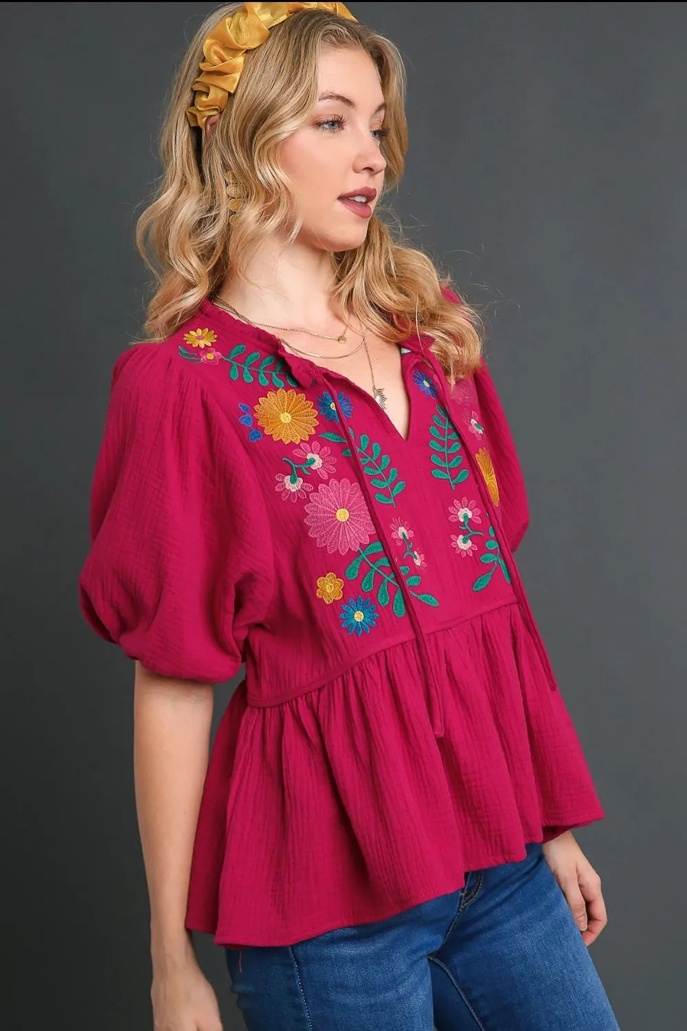 Deep Rose Umgee Full Size Cotton Gauze Floral Embroidery Babydoll Blouse Plus Size