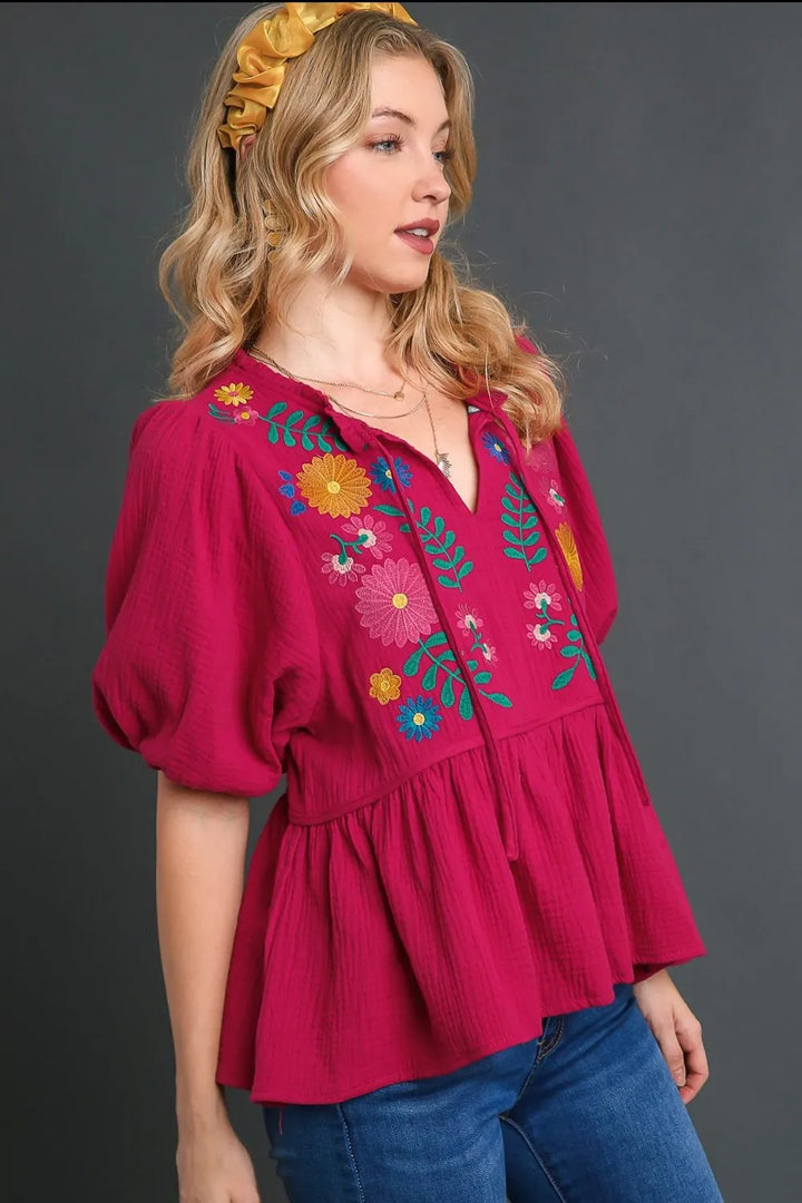 Deep Rose Umgee Full Size Cotton Gauze Floral Embroidery Babydoll Blouse Plus Size
