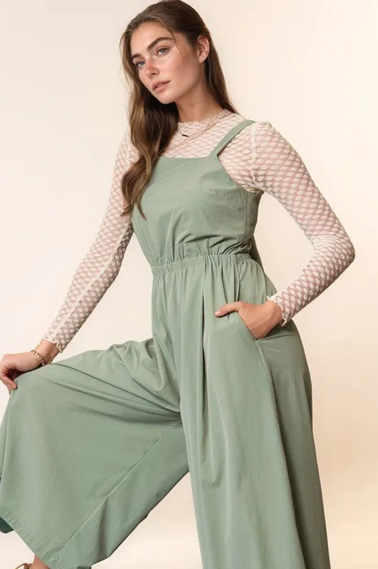 Olive Sage Davi Dani Creased Wide Legs Elastic Waist Jumpsuit