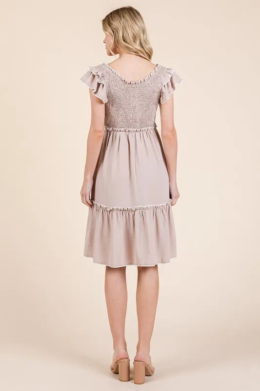 Taupe Lime N Chili Ruffle Trim Smocked Dress With Contrast