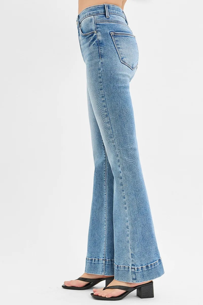 Medium Risen Full Size Tummy Control Elastic Band High Rise Flare Jeans Plus Size