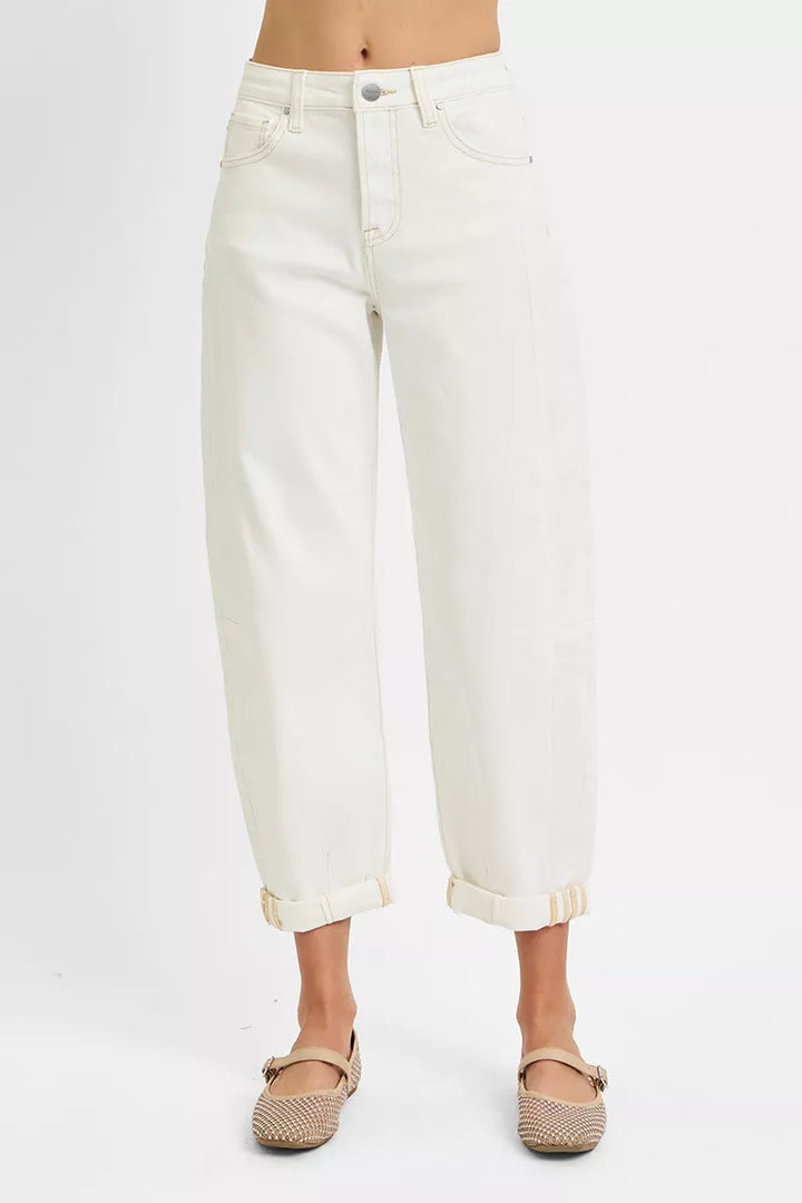 Cream Risen Full Size High Rise Barrel Cropped Jeans Plus Size