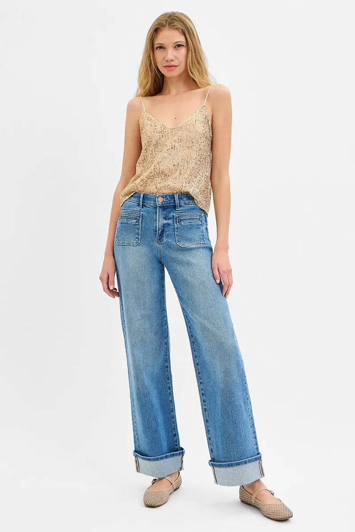 Medium Risen Full Size Elastic Band Mid Rise Wide Front Patch Pocket Cuff Jeans Plus Size