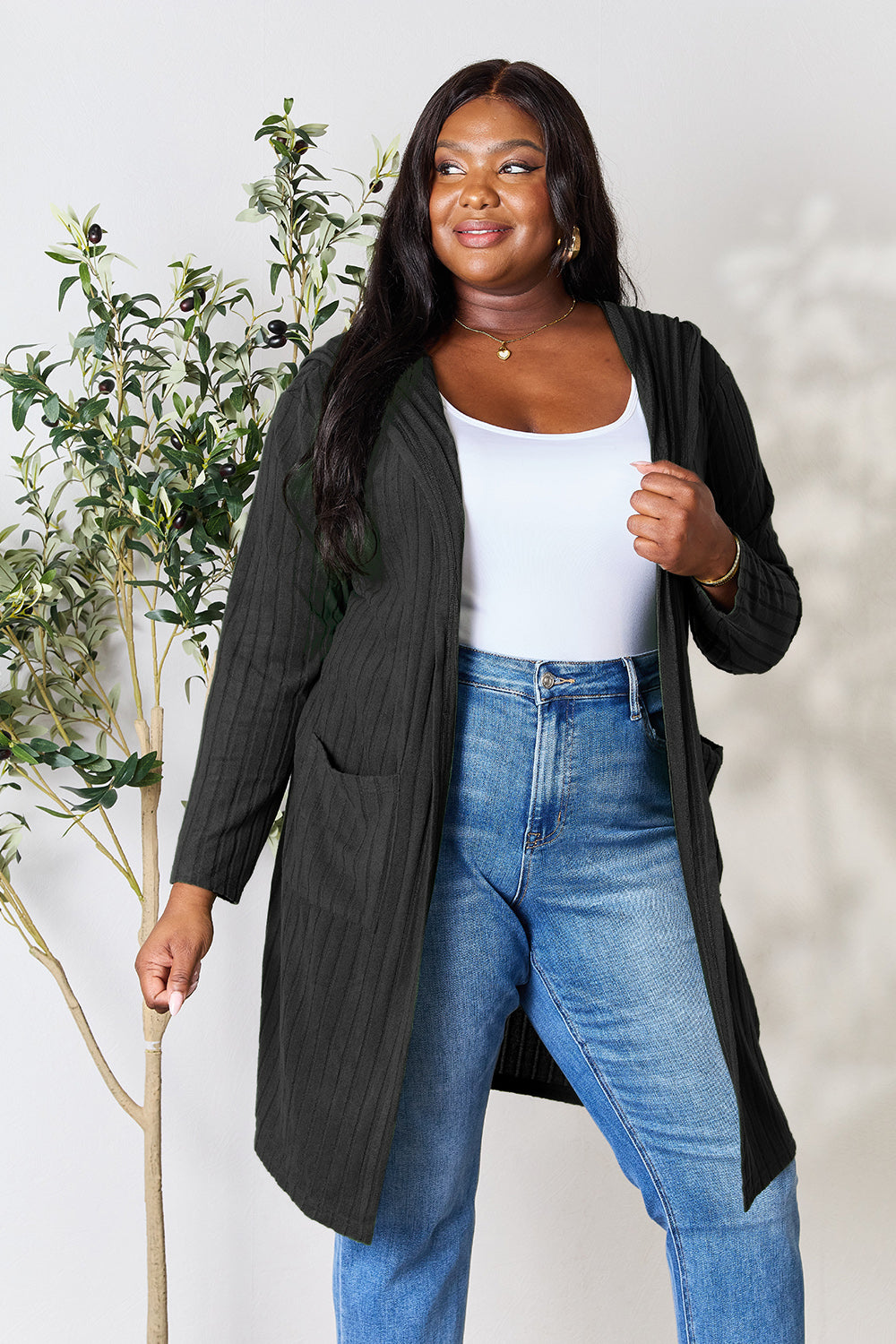 Black Basic Bae Full Size Hooded Sweater Cardigan