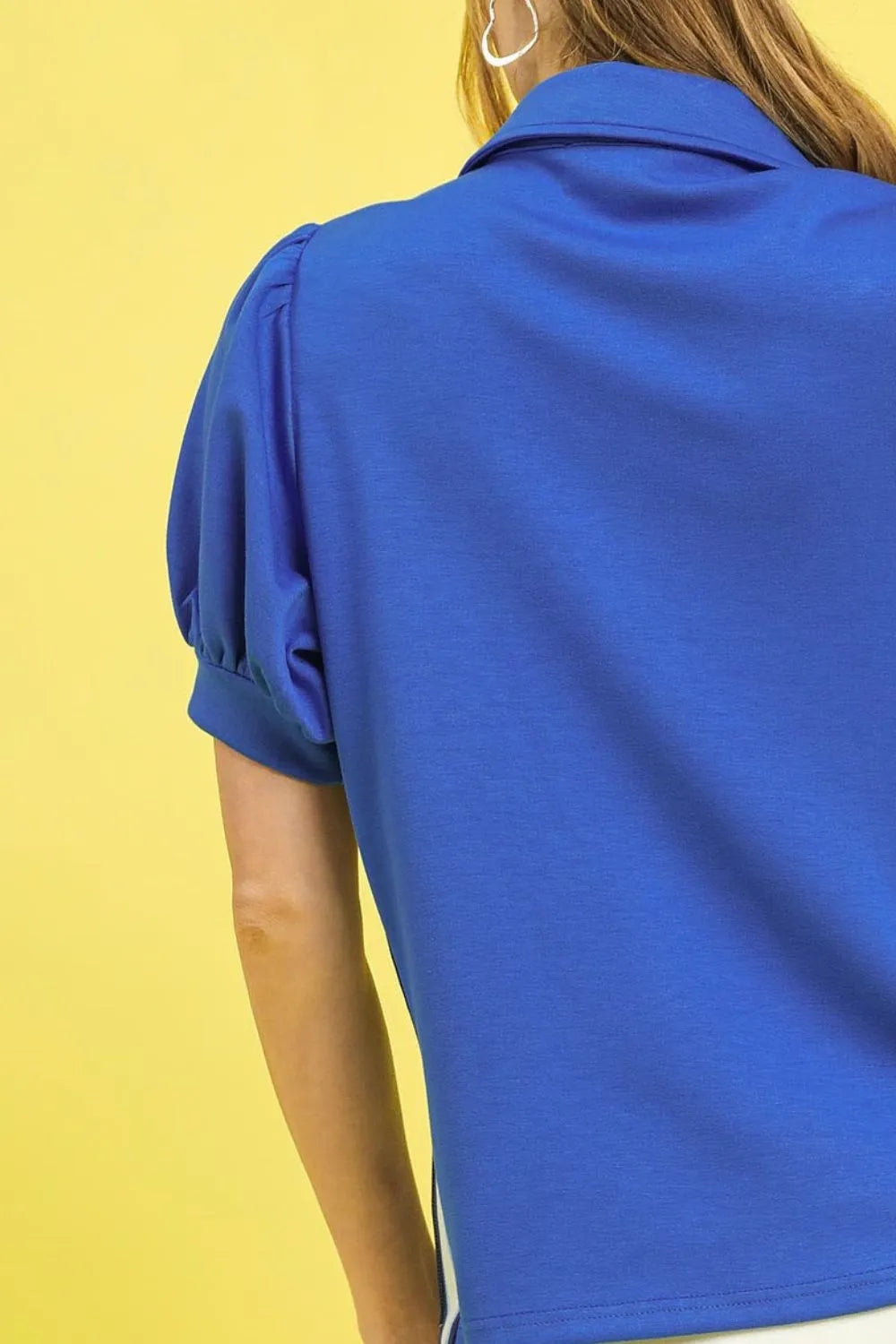 Royal Blue Umgee Side Zip Striped Puff Sleeve Polo