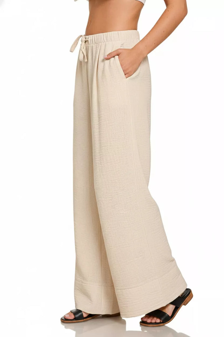 Sand Beige Zenana Woven Airflow Drawstring Pants 1