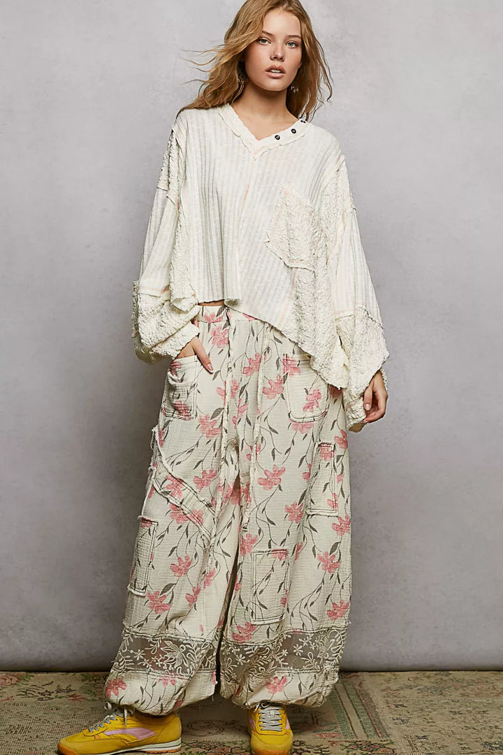 Pol V Neck Long Sleeve Top With Stitch Detail