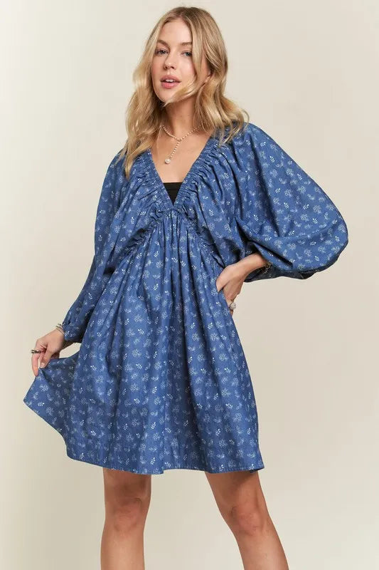 Denim/White Adora Batwing Sleeves Floral Dress
