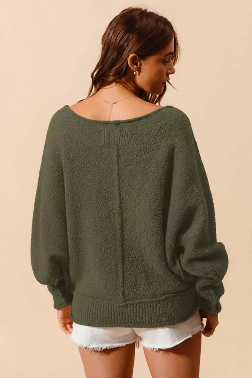 Olive So Me Loose Fit Exposed Seam Slouchy Boucle Sweater