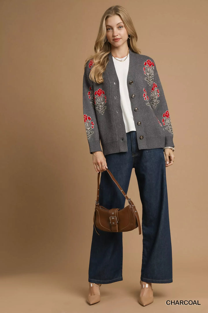 Umgee Single Flower Stem Jacquard Cardigan Sweater 1